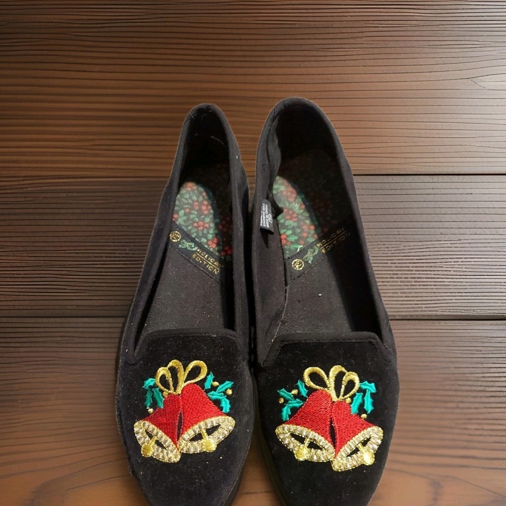Vtg Holiday Edition Shoes 7 1/2 Basic Edition Womens Flats Bells Black Holiday